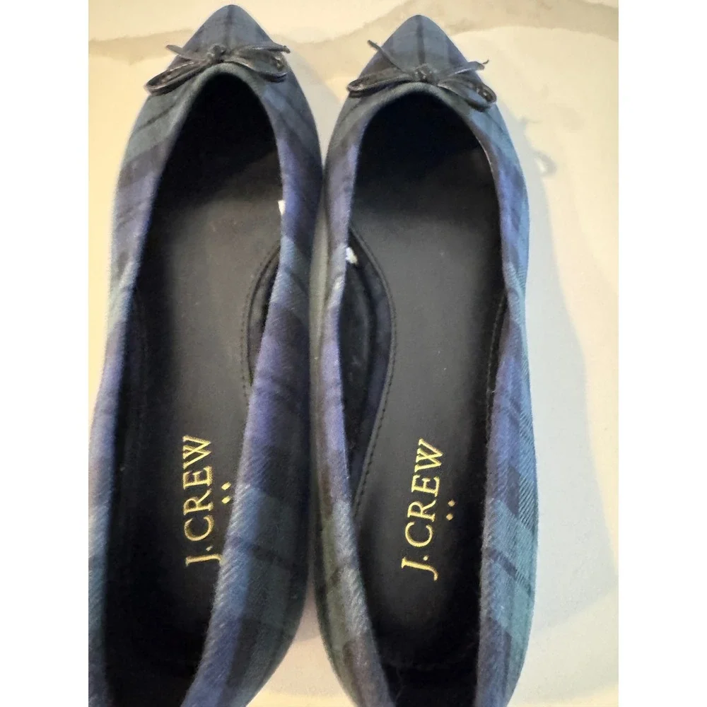 J.Crew‎ Women Black Watch Plaid Pointed Toe Ballet Flats Blue Green Bow 7.5 M